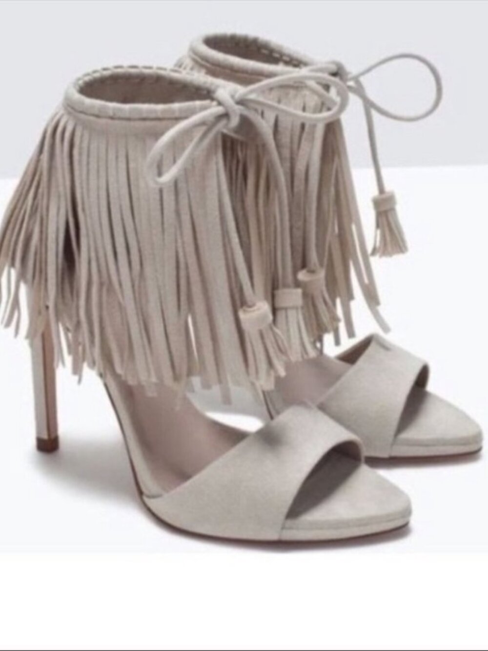 ZARA BASIC Collection Leather Suede Tasseled Fringe Tie Up Stiletto Heel Tan 40